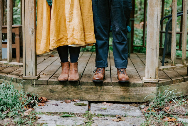 Close up views of two people's feet as they stand on a small wooden step. 