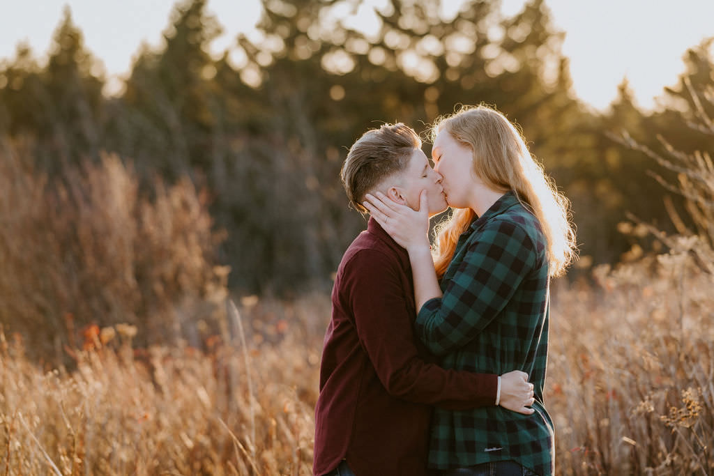 A tender moment of a couple kissing, backlit by the sun, amidst tall golden grass with soft-focus trees in the background.