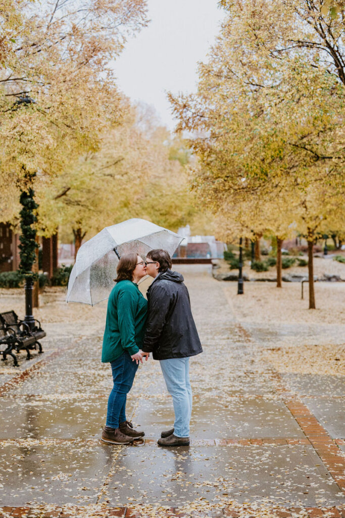 The pair kisses under a transparent umbrella, surrounded by golden fallen leaves on a wet pavement, creating a romantic and serene scene