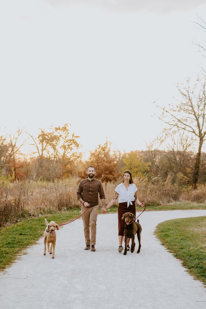 A couple is walking together on a paved path and holding hands with their free hands they are holding onto the leashes of their two dogs who are walking in front of them