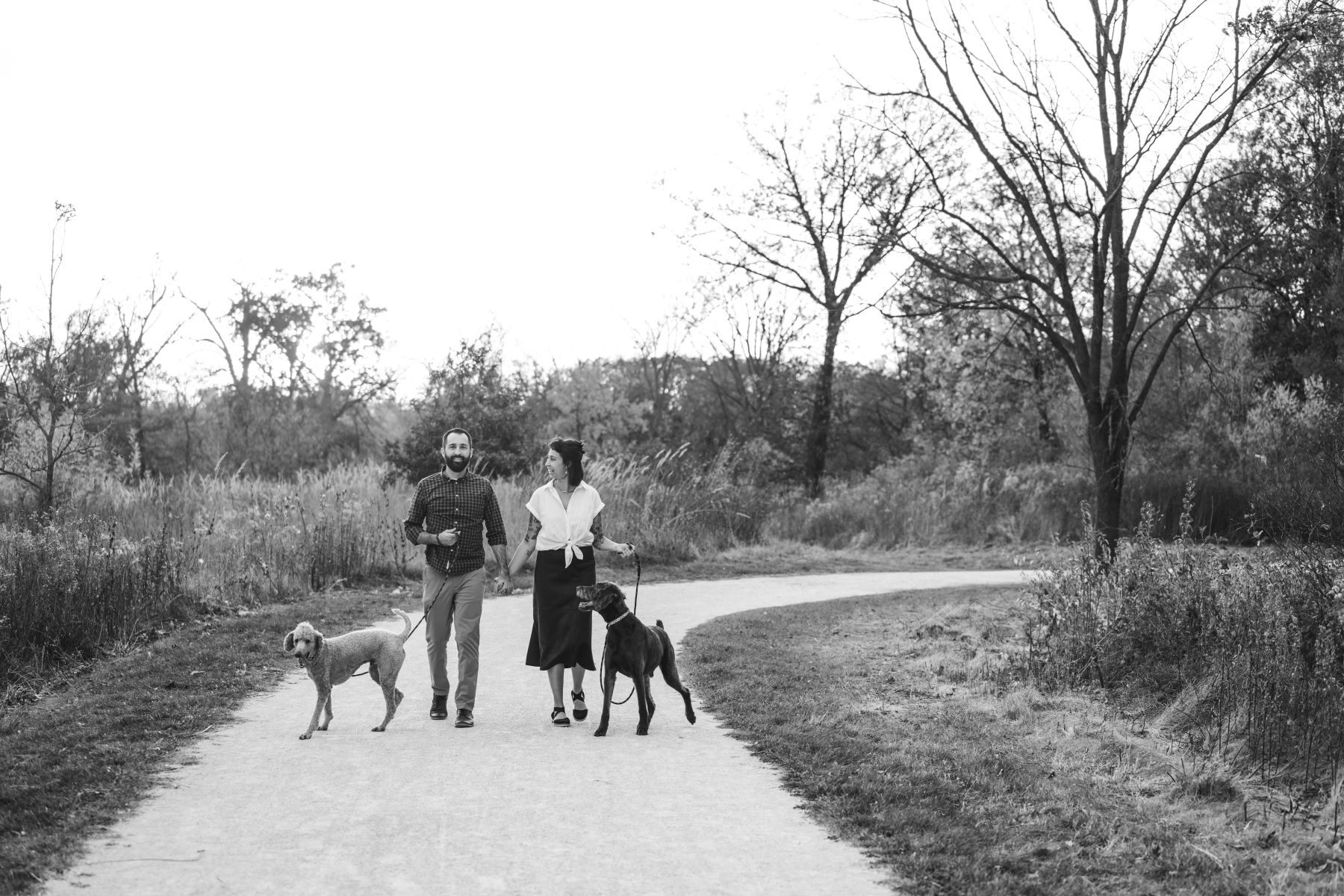 A couple walking down a paved path with their dog's who are both on leashes they couple is also holding hands with each other